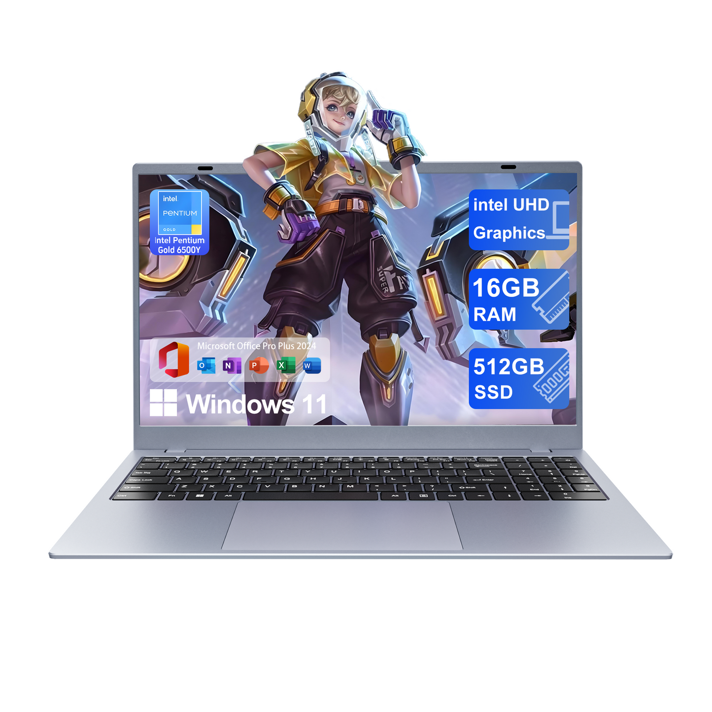 RNRUO 15.6" Windows 11 Laptop, 16GB RAM 512GB SSD, Intel Pentium Gold 6500Y with 2 Cores Up to 3.4GHz, Full HD Display, Office 2024, WiFi5 BT5.0, Laptop Computer for Business, Student, Home Office