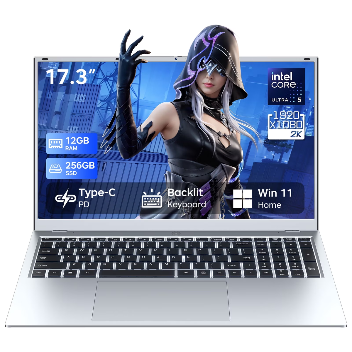 RNRUO 17.3" Windows 11 Laptop, Intel Core Ultra 5 115U, 12GB LPDDR5 RAM, 256GB SSD, Office 2024 Included, Large Full HD Display, Backlit Keyboard, WiFi 6, BT 5.2, Home Office & Business Laptop
