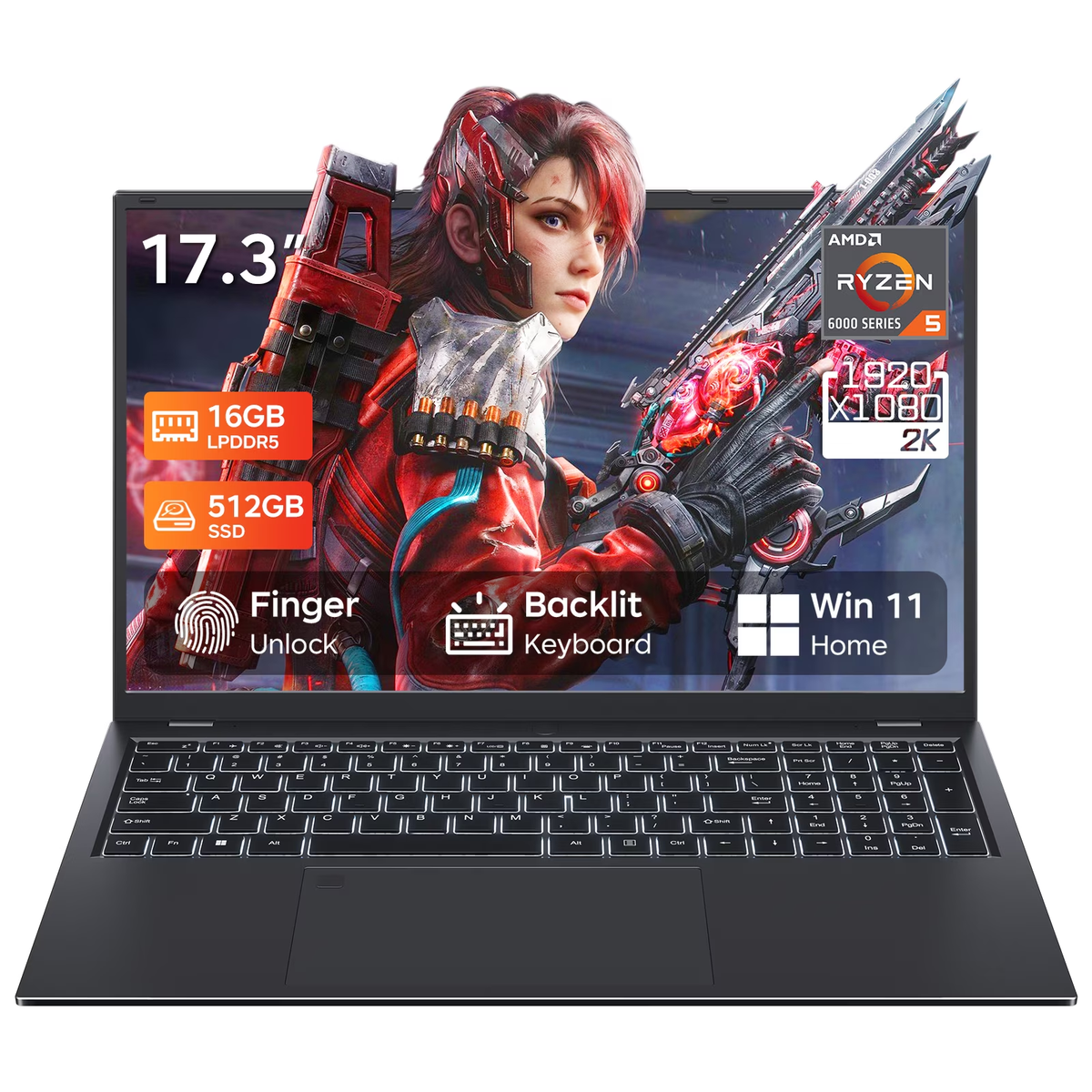 RNRUO 17.3" Windows 11 Laptop, AMD Ryzen R5 Pro 6650U, 16GB LPDDR5 RAM, 256GB SSD, Office 2024 Included, Large Full HD Display, Backlit Keyboard, WiFi 6, BT 5.2, Home Office & Business Laptop