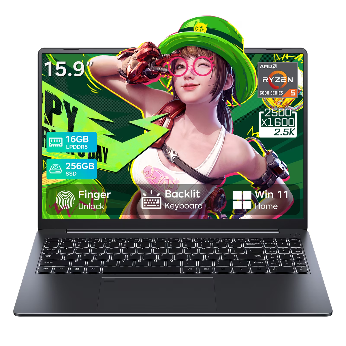 RNRUO 15.9" Windows 11 Laptop, AMD Ryzen R5 Pro 6650U, 16GB RAM 256GB SSD, Office 2024 Included, 1920x1080 FHD, WiFi 6, Backlit Keyboard Fingerprint, Student Work Travel Laptop Computer