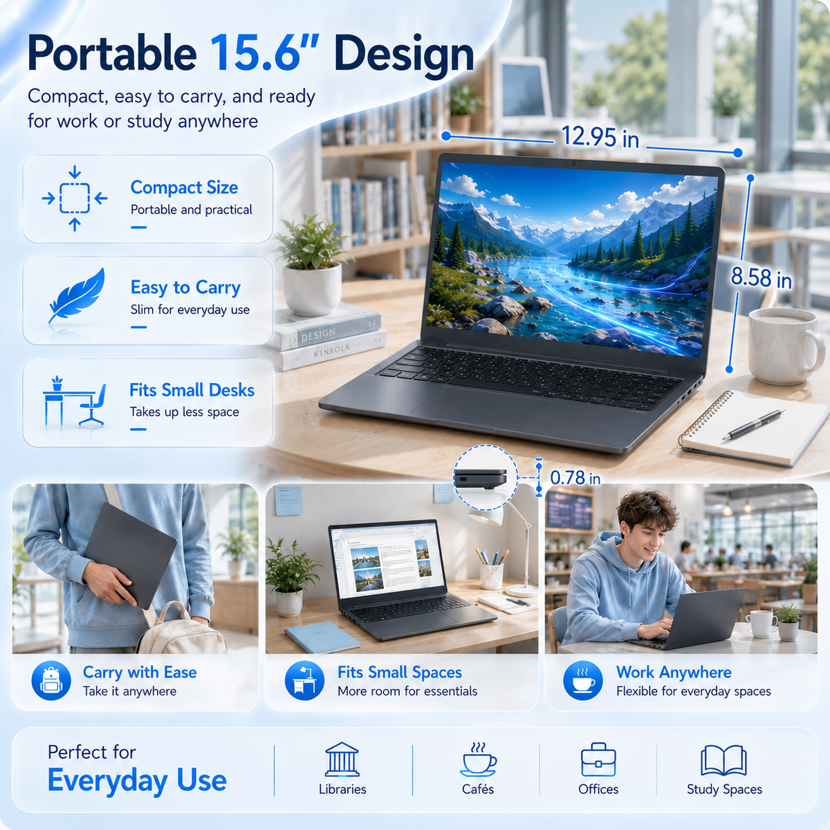 KINOBUC 15.6"Windows Laptop, Intel 6500Y, 12GB RAM, 256GB SSD, Windows 11, WiFi 5, Bluetooth 5.0, Office Ready, for Student & Home Office, Gray
