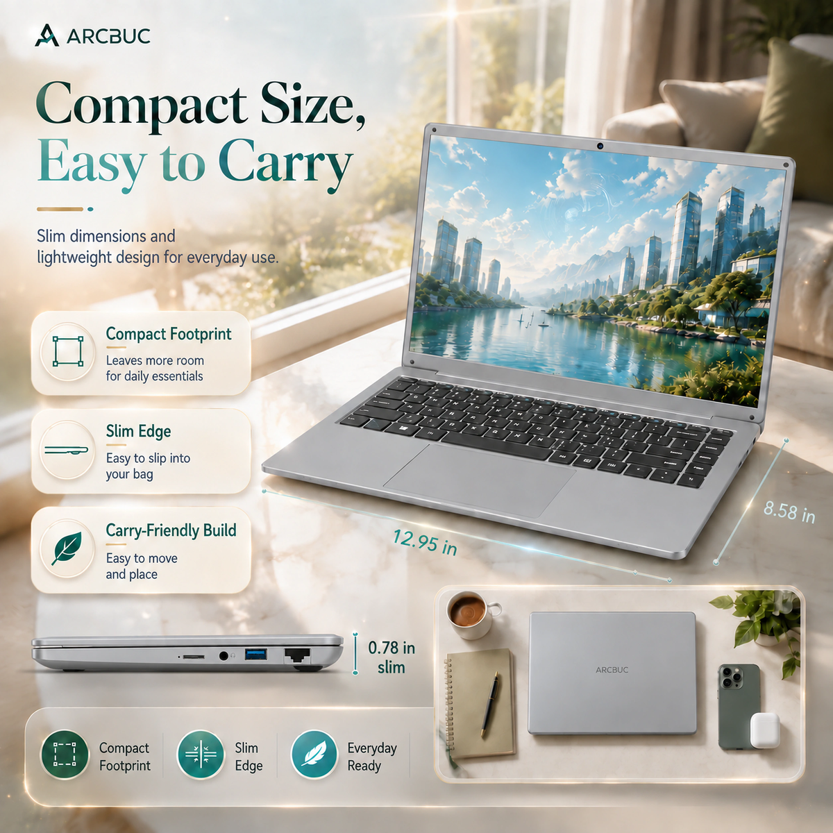 ARCBUC 15.6" Laptop , 16 GB RAM, 256GB SSD, Intel i3 5005U with 2 Cores, 5000mAh, FHD Display, Office 2024, Windows 11 PRO for Business, Student, Dark Gray