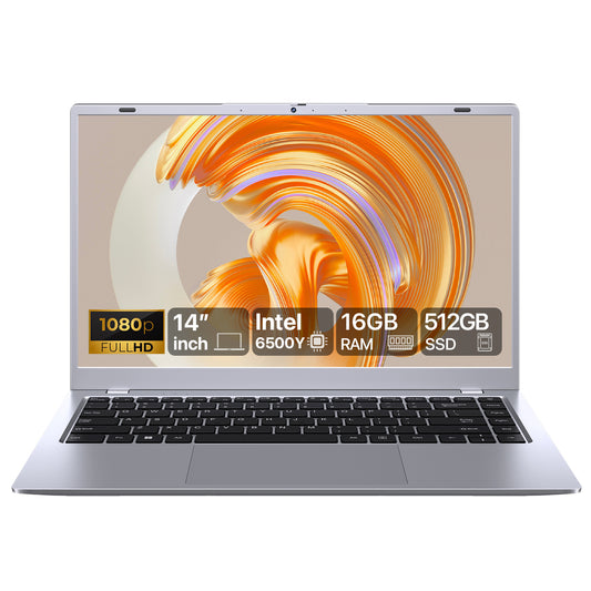 RNRUO 14" Business Laptop Computer, 16GB RAM 512GB SSD, Intel 6500Y 2 Cores, 1080p Display Office 2024, WiFi5 BT5.0, Type-C PD Dual 4K Output, Windows 11 Laptop Silver Gray
