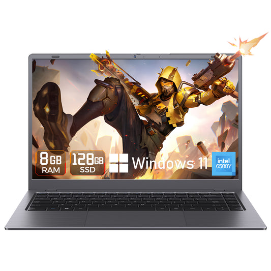 HYYUO Laptop Computer, 14inch FHD Display 8GB RAM 128GB SSD, Intel 6500Y 2 Cores, Windows 11 with Office 2024, Type-C PD Dual 4K Output for Work Study