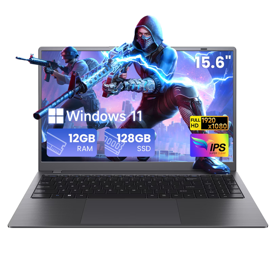 RNRUO 15.6" Laptop with Windows 11, 12GB RAM 128GB SSD, FHD Screen USB-C PD Fast Charging, Office 2024 Included, Portable Laptop for Students and Home Use, Gray