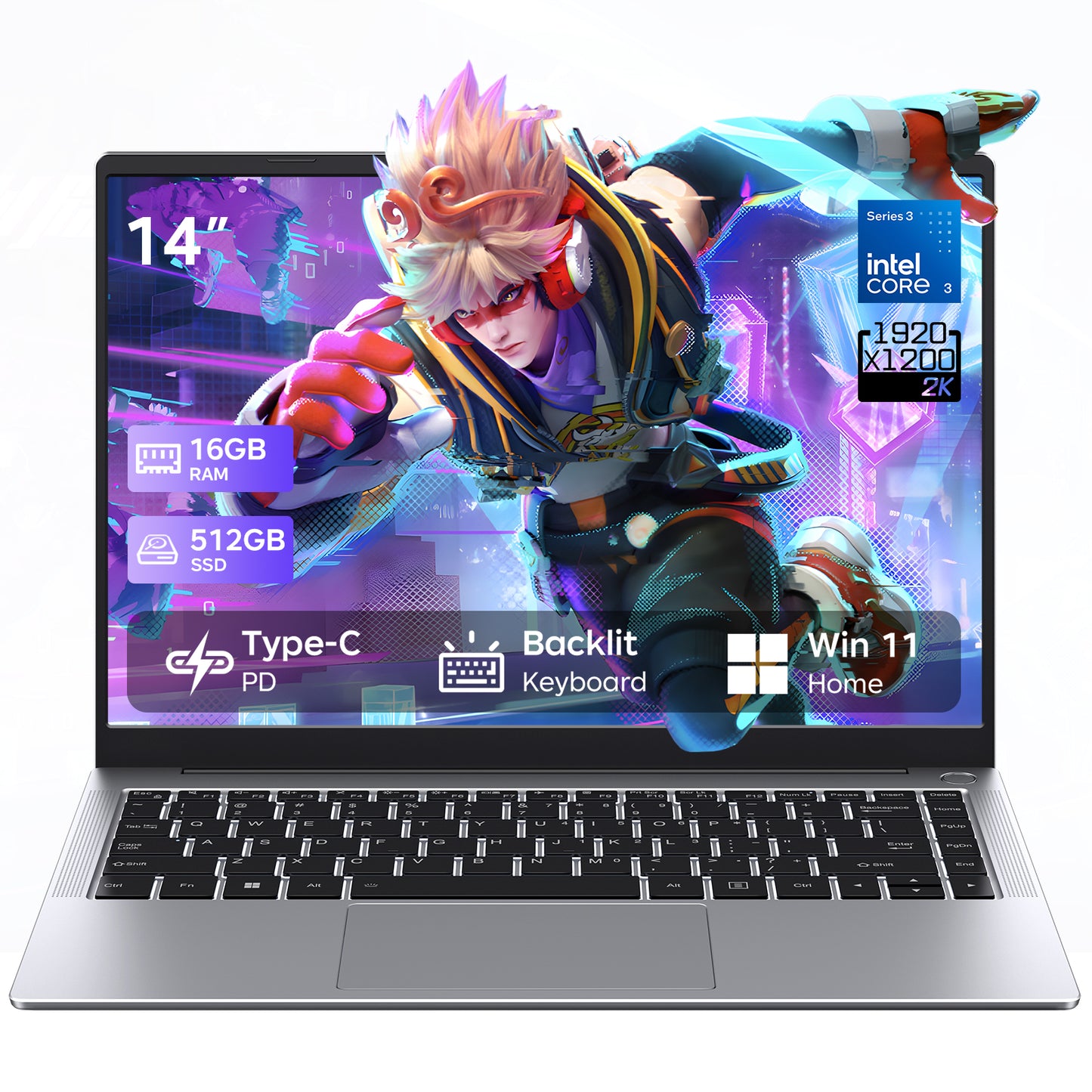 RNRUO 14" Windows 11 Laptop, Intel Core 3 304, 16GB RAM 512GB SSD, Office 2024 Included, 1920x1200 FHD, Backlit Keyboard, USB-C PD Charging, Xe3 Graphics, Portable Work Travel Laptop Computer