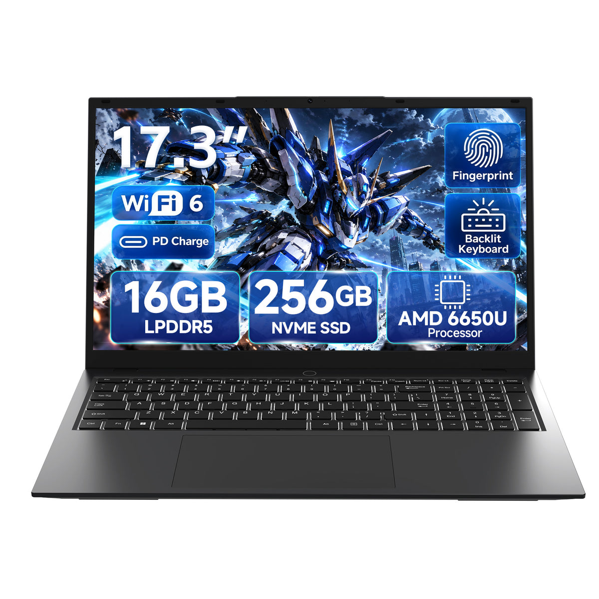RNRUO 17.3" FHD Laptop Computer - AMD Ryzen 5 PRO 6650U, 16GB LPDDR5 RAM, 256GB SSD, Fingerprint Unlock