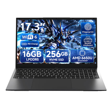 RNRUO 17.3" FHD Laptop Computer - AMD Ryzen 5 PRO 6650U, 16GB LPDDR5 RAM, 256GB SSD, Fingerprint Unlock