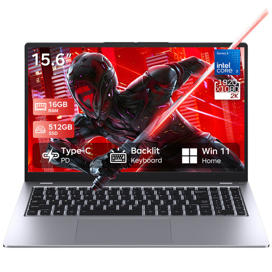 RNRUO 15.6" Windows Laptop Computer, 16GB RAM 512GB SSD, Core 3 304, 5000mAh Battery Type-C PD FHD Display Office 2024 WiFi5 BT5.0 Windows 11 Lightweight for Student, Office, Dark Gray