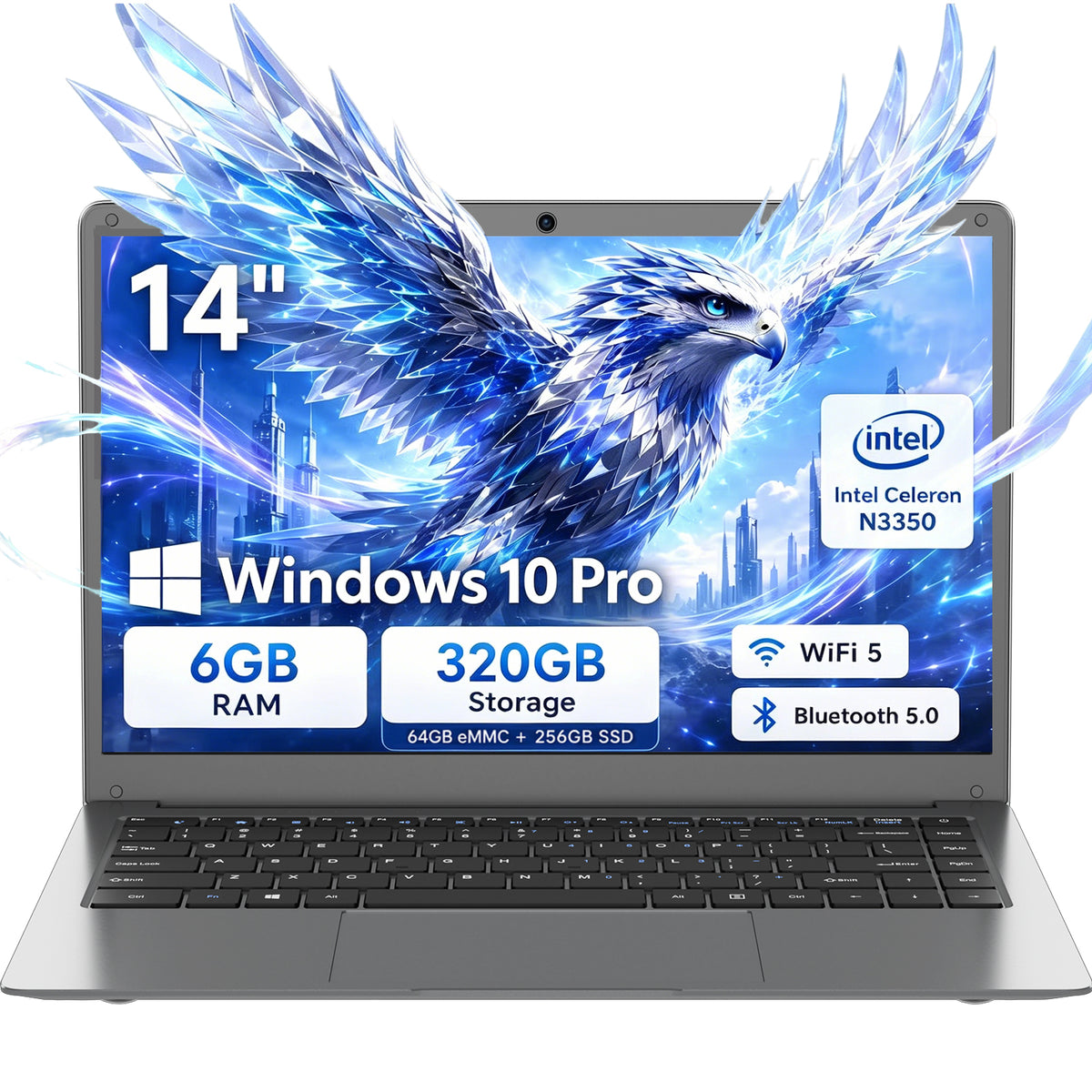 ARCBUC 14" Laptop , 6 GB RAM, 320GB SSD, N3350 with 2 Cores, FHD Display, Windows10 PRO for Business, Student, Dark Gray
