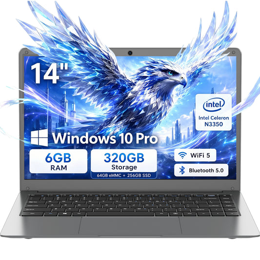 ARCBUC 14" Laptop , 6 GB RAM, 320GB SSD, N3350 with 2 Cores, FHD Display, Windows10 PRO for Business, Student, Dark Gray