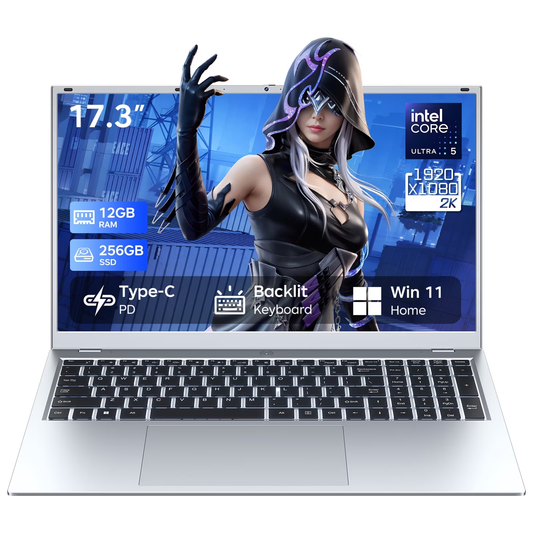 RNRUO 17.3" Windows 11 Laptop, Intel Core Ultra 5 115U, 12GB LPDDR5 RAM, 256GB SSD, Office 2024 Included, Large Full HD Display, Backlit Keyboard, WiFi 6, BT 5.2, Home Office & Business Laptop