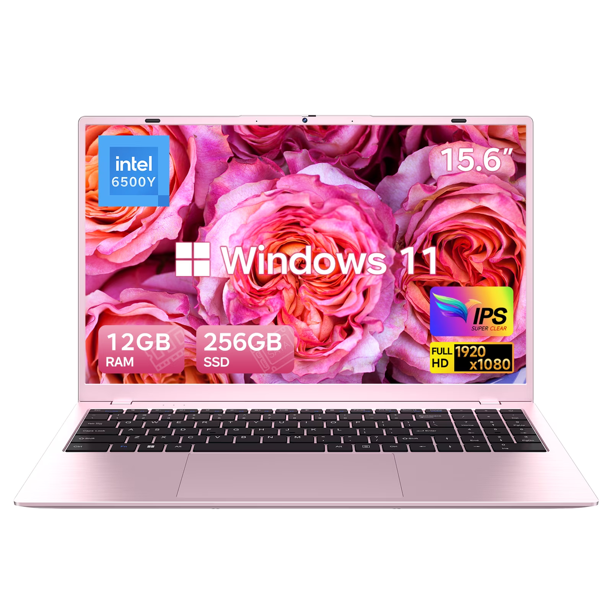 HYYUO 15.6" Laptop Computer, 12GB RAM 256GB SSD, Intel 6500Y with 2 Cores 4 Thread, up to 3.4GHz, FHD Display, Laptop for Business, Student, Office, Pink, Lightweight, Windows 11 Laptop