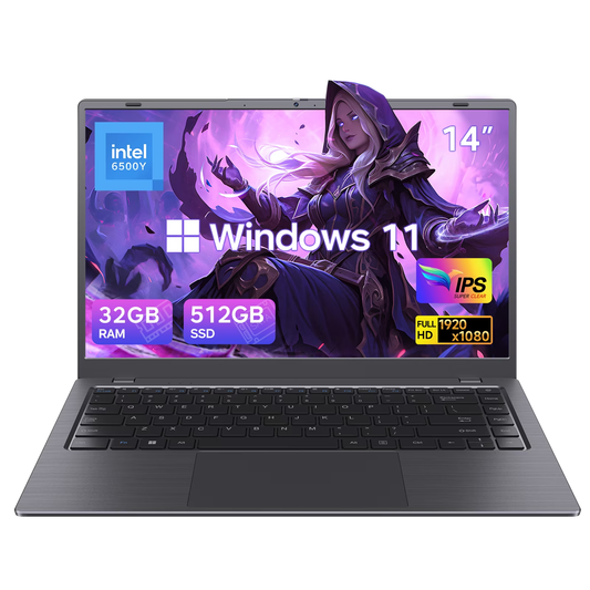 HYYUO Laptop Computer, 14" FHD Display, 32GB RAM 512GB SSD, Intel 6500Y with 2 Cores, Type C PD Charing, Dual Output Support, Laptop for Business, Study, Office, Dark Gray, Windows 11 Laptop