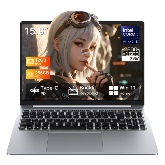 RNRUO 15.9" Windows 11 Laptop, 12GB LPDDR5 RAM, 256GB SSD, Intel Core Ultra 5 115U, 2560 x 1600 Display, Backlit KB Type-C PD, WiFi 6, BT5.2, Office 2024, Business Home Use Laptop