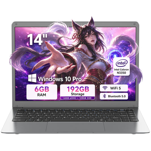 ARCBUC 14" Windows Laptop, Intel N3350 ,6GB RAM 192GB SSD, Laptop Computer with WiFi5 BT5.0, Windows 10 pro for Business, Student