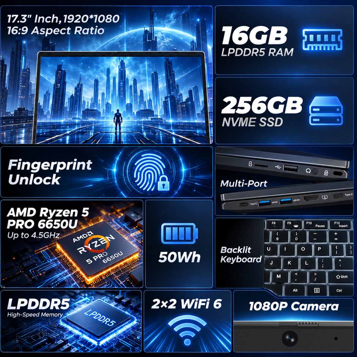 RNRUO 17.3" FHD Laptop Computer - AMD Ryzen 5 PRO 6650U, 16GB LPDDR5 RAM, 256GB SSD, Fingerprint Unlock