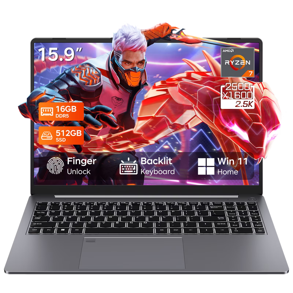 RNRUO 15.9" Gaming Laptop, 16GB DDR5 RAM 512GB SSD, AMD Ryzen 7 7735HS, 8 Cores up to 4.75GHz, 2560x1600 Display Fingerprint Backlit KB, WiFi6 BT5.3, Windows 11 Computer for Gaming, Business, Study