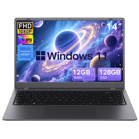14" FHD IPS Windows 11 Laptop, 128GB SSD 12GB RAM, Intel Processor, Dual 4K Output & Type-C PD, Office 2024 Included, for Business & Study, Dark Gray