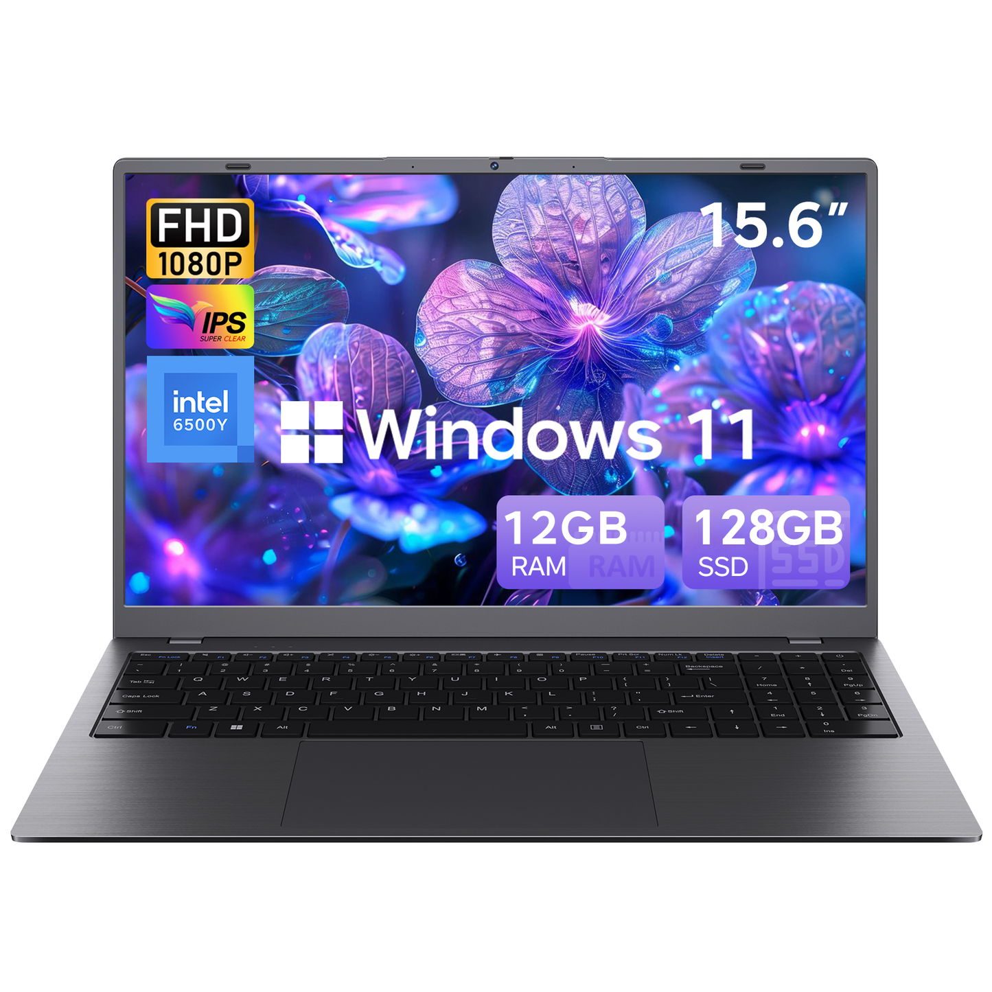 15.6" FHD IPS Windows 11 Laptop, 128GB SSD 12GB RAM, Intel Processor, Dual 4K Output & Type-C PD, Office 2024 Included, for Business & Study, Dark Gray