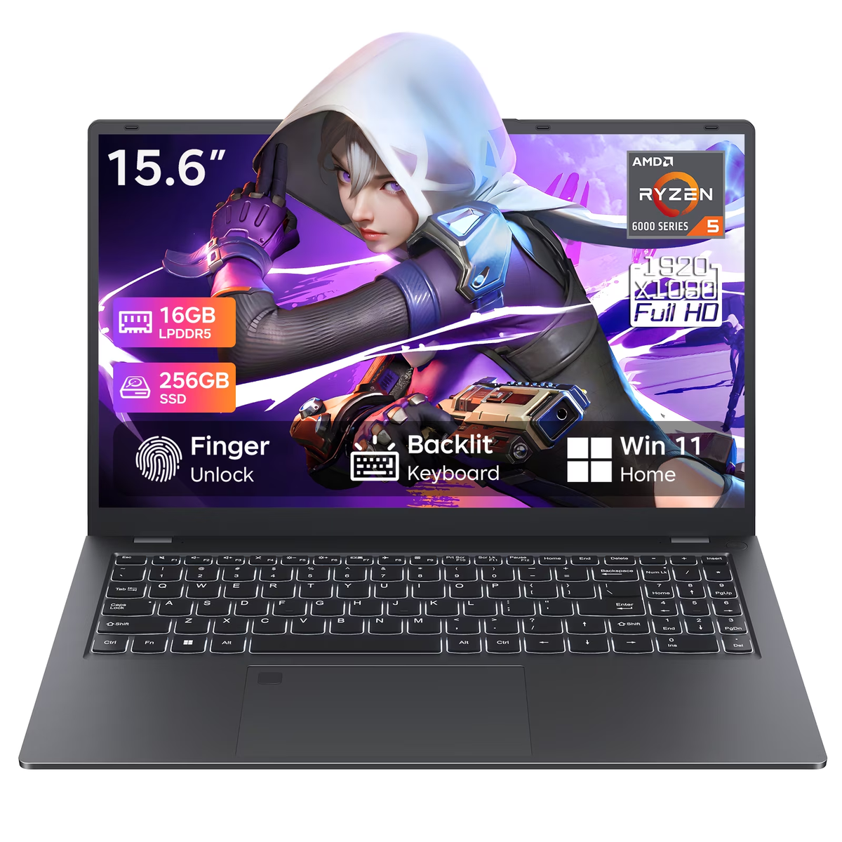 RNRUO 15.6" Windows 11 Laptop, AMD Ryzen R5 Pro 6650U, 16GB RAM 256GB SSD, Office 2024 Included, 1920x1080 FHD, Backlit Keyboard Fingerprint, Radeon 660M Graphics, Student Work Travel Laptop Computer