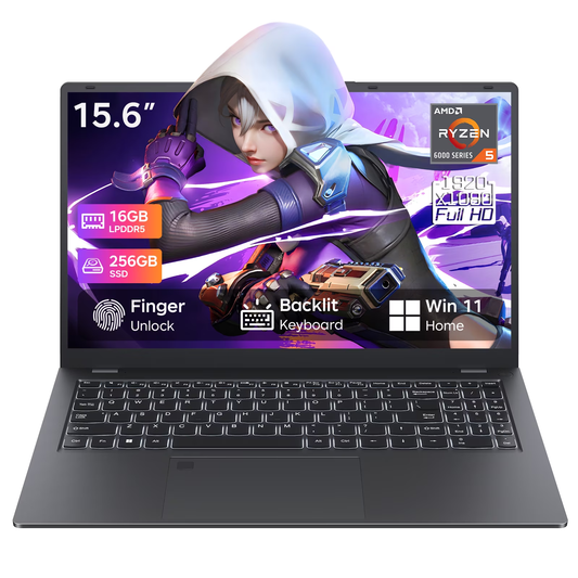 RNRUO 15.6" Windows 11 Laptop, AMD Ryzen R5 Pro 6650U, 16GB RAM 256GB SSD, Office 2024 Included, 1920x1080 FHD, Backlit Keyboard Fingerprint, Radeon 660M Graphics, Student Work Travel Laptop Computer