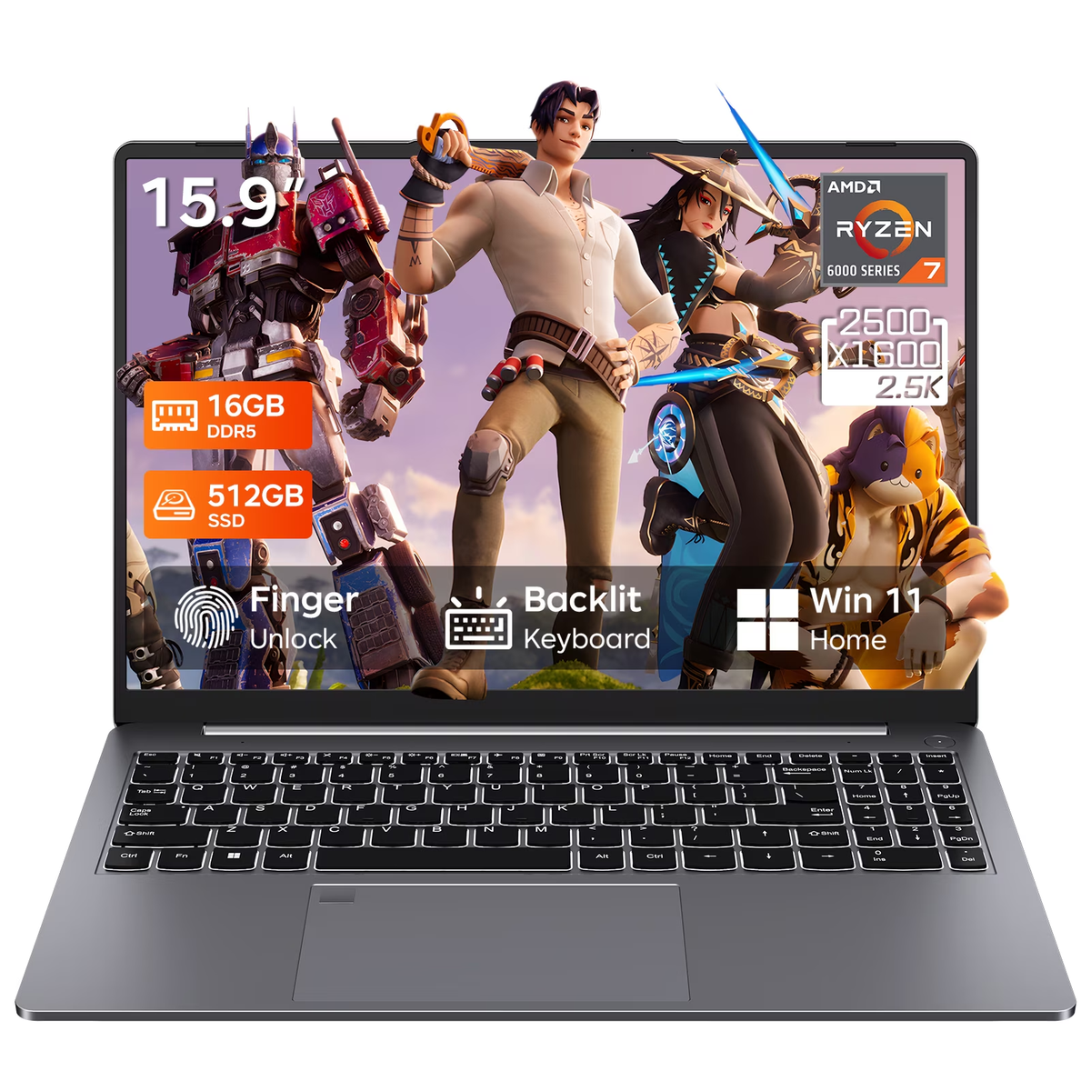 RNRUO 15.9" Gaming Laptop, 16GB DDR5 RAM 512GB SSD, AMD Ryzen 7 6800H, 8 Cores up to 4.7GHz, 2560x1600 Display Fingerprint Backlit KB, WiFi6 BT5.3, Windows 11 Computer for Gaming, Business, Study