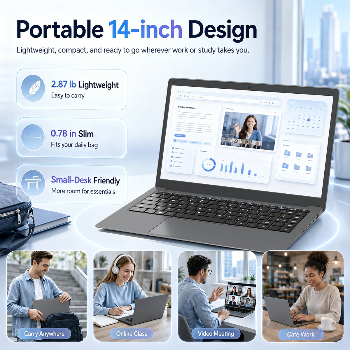 ARCBUC 14" Laptop , 6 GB RAM, 320GB SSD, N3350 with 2 Cores, FHD Display, Windows10 PRO for Business, Student, Dark Gray