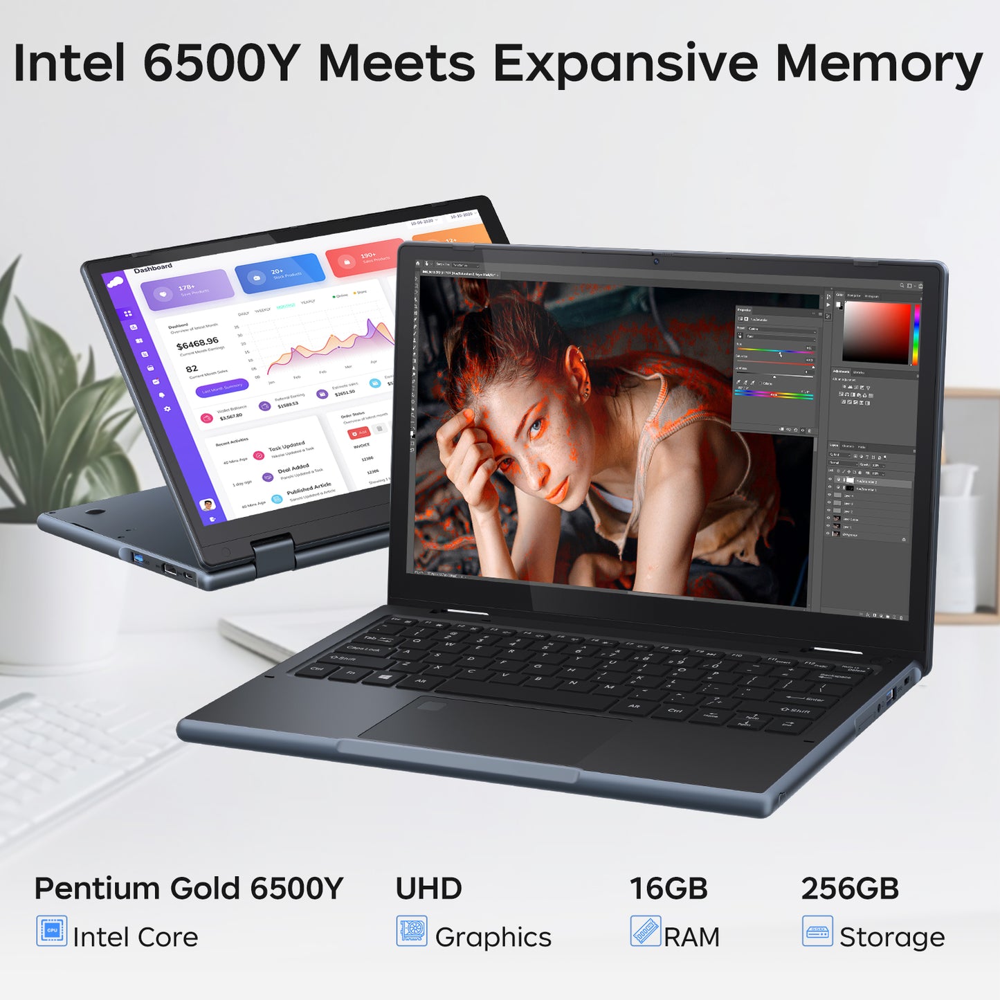 RNRUO 11.6" 2 in 1 Touchscreen Laptop 16GB RAM 256GB SSD, Intel 6500Y, 2 Cores up to 3.4GHz, 360° Flip IP41 Drop Resistant, Windows 11