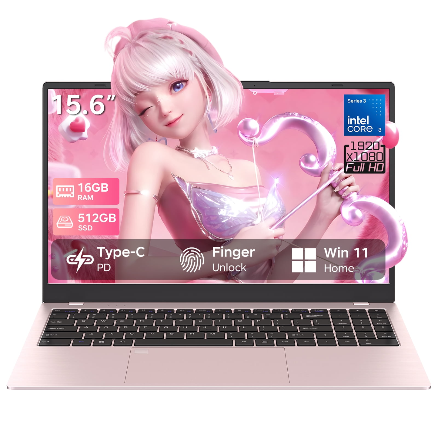 RNRUO 15.6" Pink Laptop, Intel Core 3 304, 16GB RAM 512GB SSD, Windows 11 Office 2024 Included, 1920x1080 FHD, Fingerprint Unlock, USB-C PD Charging, Xe3 Graphics, Student Work Travel Laptop Computer
