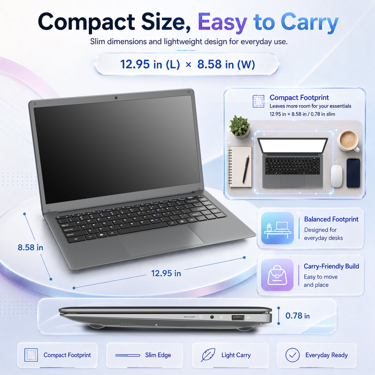 ARCBUC 14" Laptop , 6 GB RAM, 320GB SSD, N3350 with 2 Cores, FHD Display, Windows10 PRO for Business, Student, Dark Gray