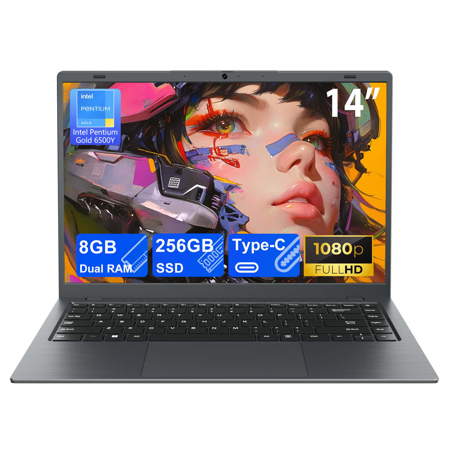 RNRUO 14" Windows 11 Laptop Computer, 8GB RAM 256GB SSD, Intel Pentium Gold 6500Y with 2 Cores up to 3.4GHz, Full HD Display Office 2024 WiFi5 BT5.0, Netbook for Business, Student, Dark Gray