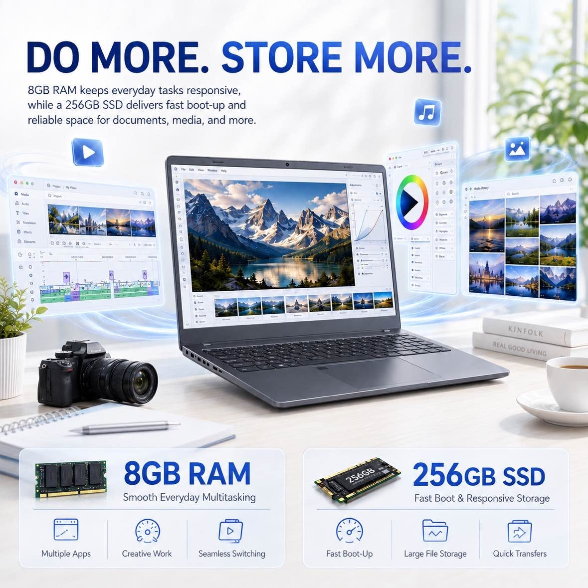 KINOBUC 14" FHD Laptop, Intel 6500Y, 8GB RAM, 256GB SSD, Windows 11, WiFi 5, Bluetooth 5.0, Office Ready, for Student & Home Office, Gray
