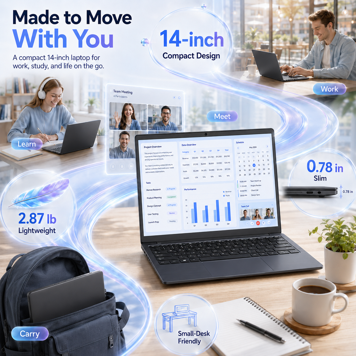 KINOBUC 14" FHD Laptop, Intel 6500Y, 12GB RAM, 128GB SSD, Windows 11, WiFi 5, Bluetooth 5.0, Office 2024, for Student & Home Office, Gray