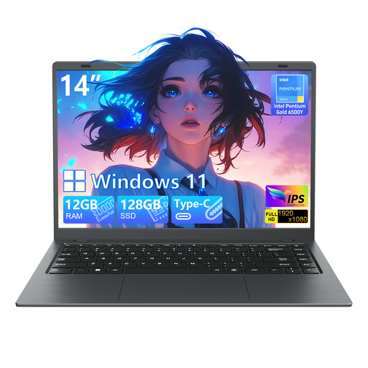 SHBIV 14" Laptop Computer,12GB RAM 128GB SSD,Intel 6500Y with 2 Cores up to 3.4GHz,1080p Display,Office 2024,Type-C PD WiFi5 BT5.0,Windows 11 for Business Study Home (Gray)