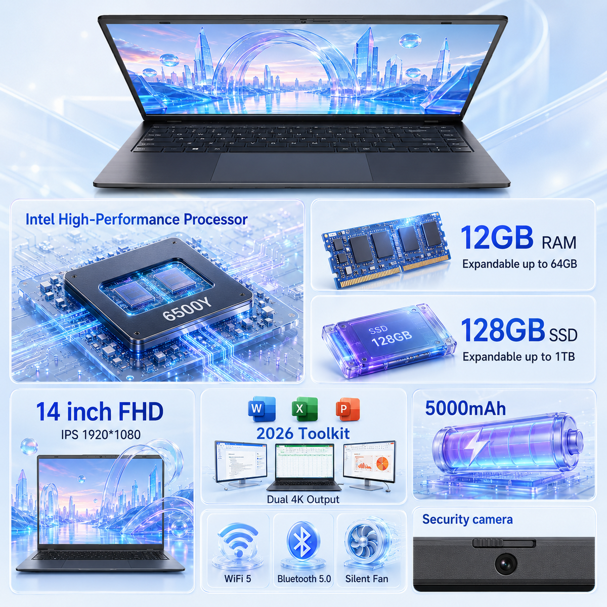 KINOBUC 14" FHD Laptop, Intel 6500Y, 12GB RAM, 128GB SSD, Windows 11, WiFi 5, Bluetooth 5.0, Office 2024, for Student & Home Office, Gray