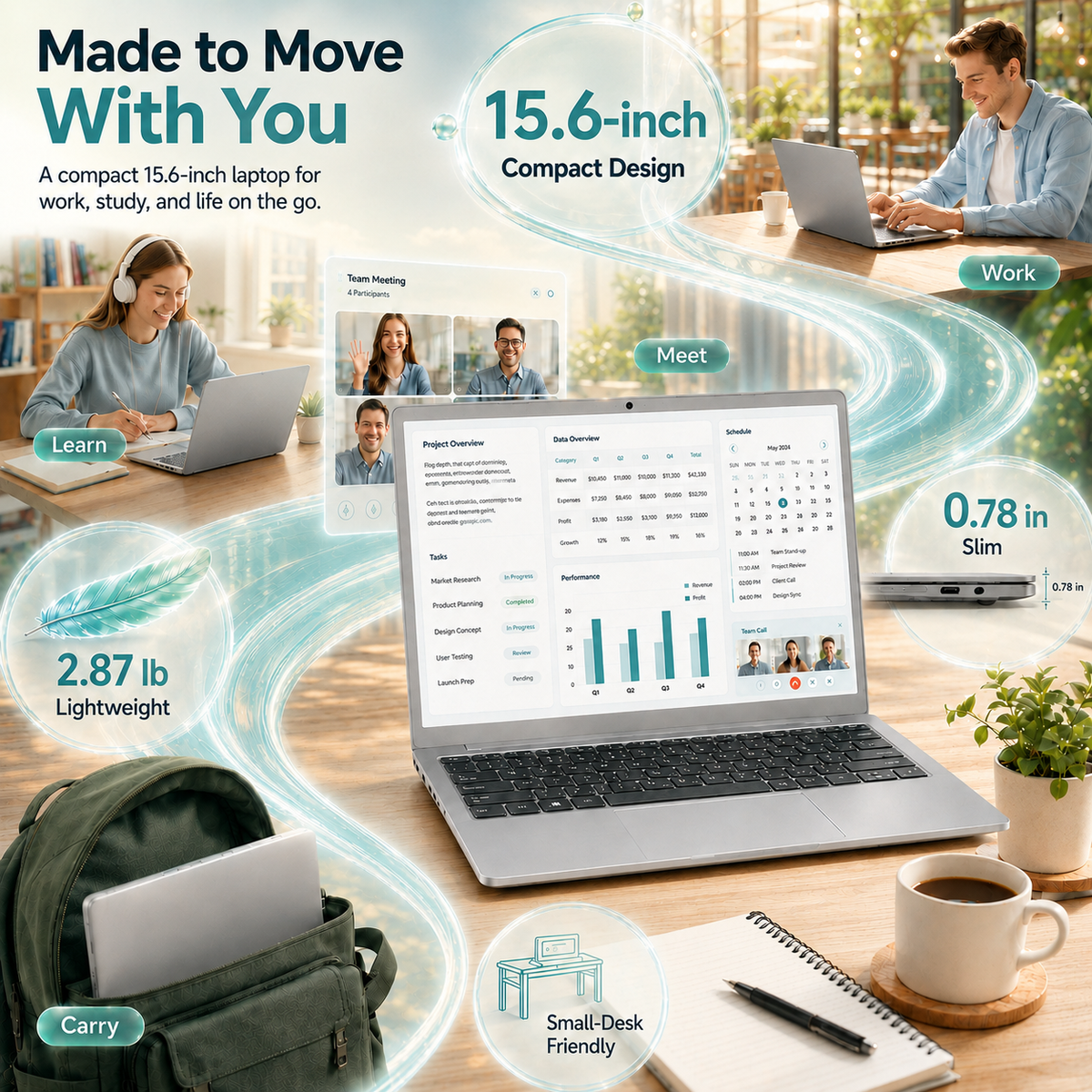 KINOBUC 15.6"Windows Laptop, Intel 6500Y, 8GB RAM, 256GB SSD, Windows 11, WiFi 5, Bluetooth 5.0, Office 2024, laptop for Student & Home Office, Siliver