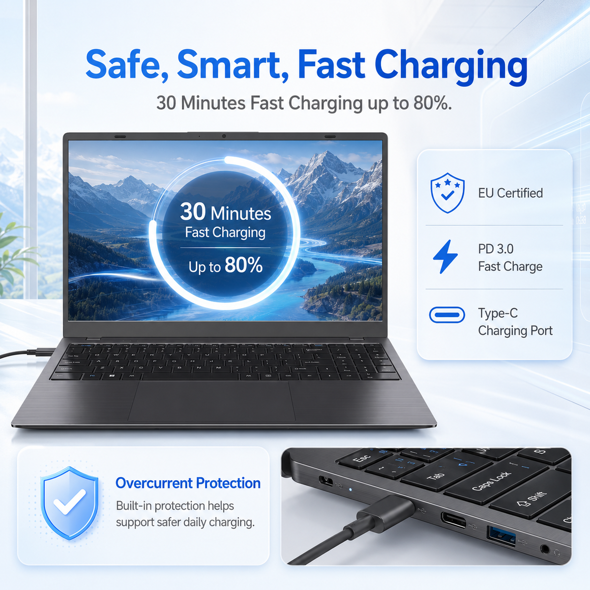 KINOBUC 14" FHD Laptop, Intel 6500Y, 8GB RAM, 256GB SSD, Windows 11, WiFi 5, Bluetooth 5.0, Office Ready, for Student & Home Office, Gray
