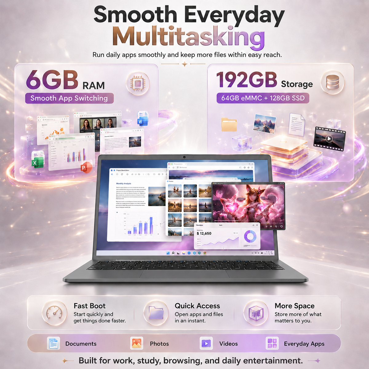 ARCBUC 14" Windows Laptop, Intel N3350 ,6GB RAM 192GB SSD, Laptop Computer with WiFi5 BT5.0, Windows 10 pro for Business, Student
