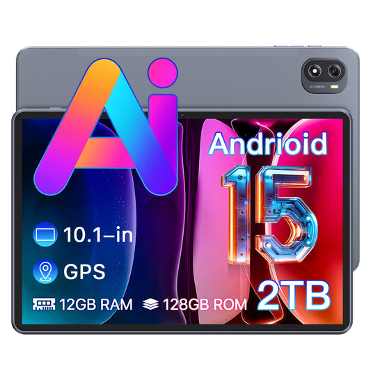KINOBUC 10.1 Inch Android 15 Tablet, 12GB RAM (4GB + 8GB Expansion), 128GB Storage(Up to 2T), , Octa-Core, 800x1280 HD IPS display, 6000mAh Long Battery, Tablet for work, student.