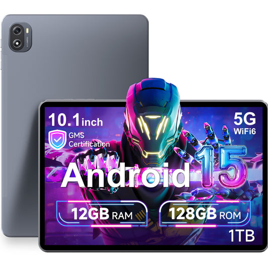 ARCBUC 10.1 Inch Android 15 Tablet, 12GB RAM (4GB + 8GB Expansion), 128GB Storage, Octa-Core, 1280 x 800 HD IPS Touchscreen, 6500mAh Battery, WiFi 6, Bluetooth 5.4, Portable Tablet